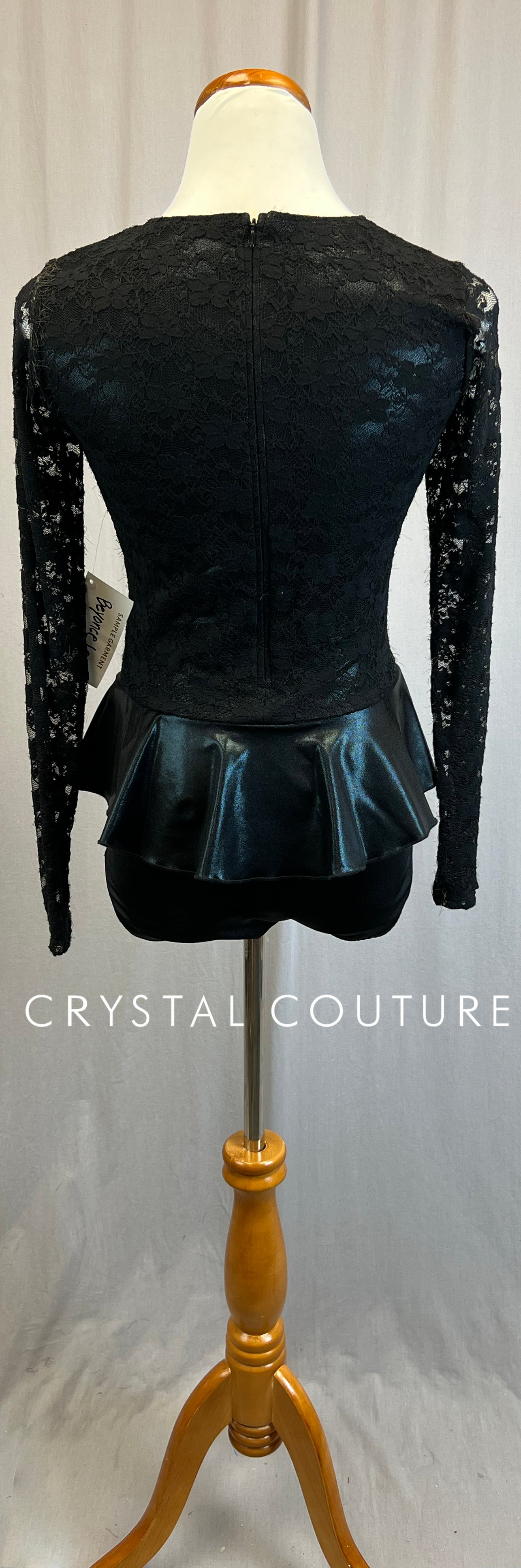 *Brand New* Black Lace and Metallic Lycra Long Sleeve Leotard with Peplum Skirt - Rhinestones