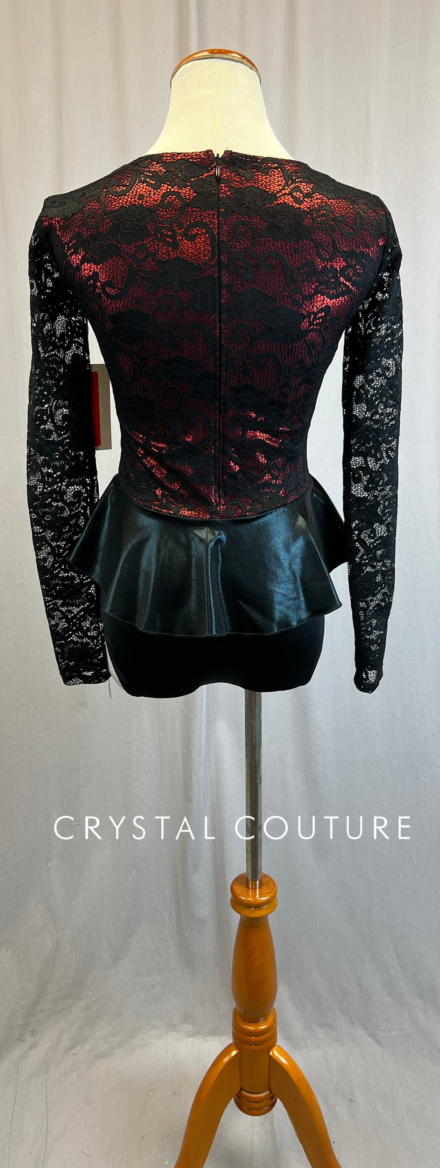 *Brand New* Black Lace with Red and Black Metallic Lycra Long Sleeve Leotard with Peplum Skirt