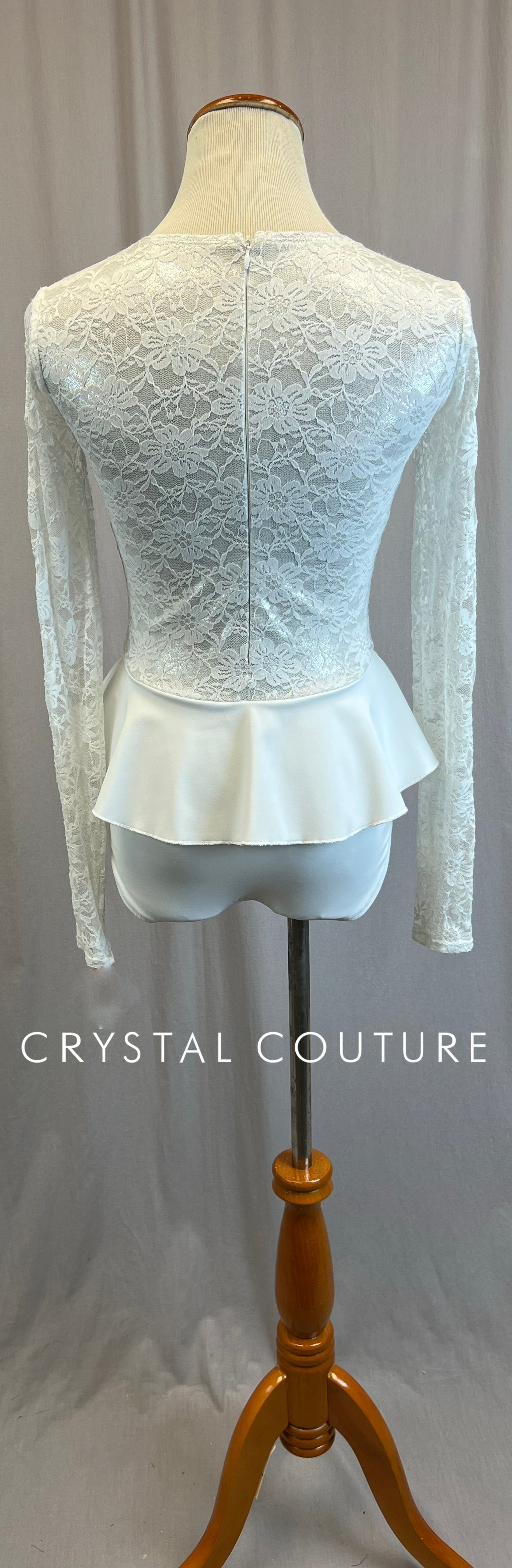 *Brand New* White Lace with White Lycra Long Sleeve Leotard with Peplum Skirt