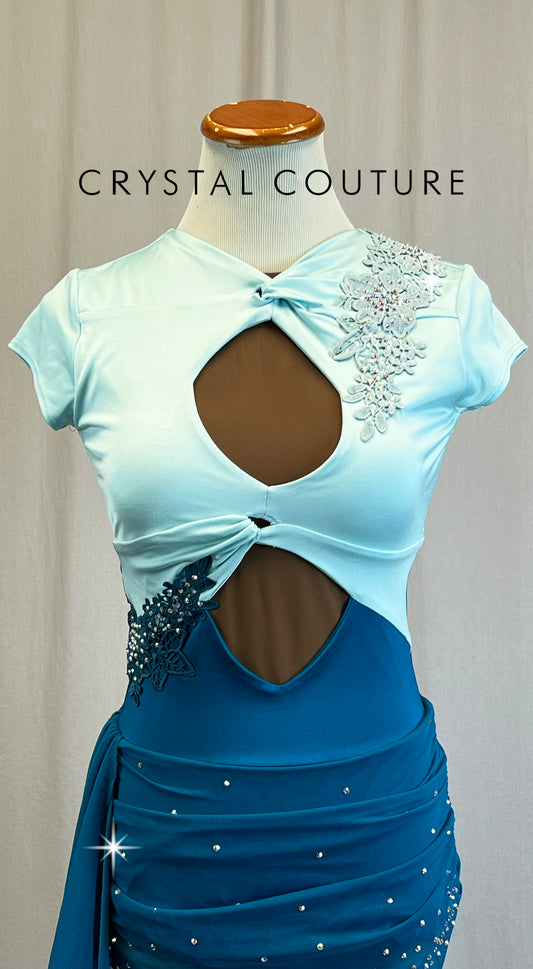 *Brand New* Light Blue and Teal Geometric Cap Sleeve Leotard with Gathered Skirt - Rhinestones - Appliques