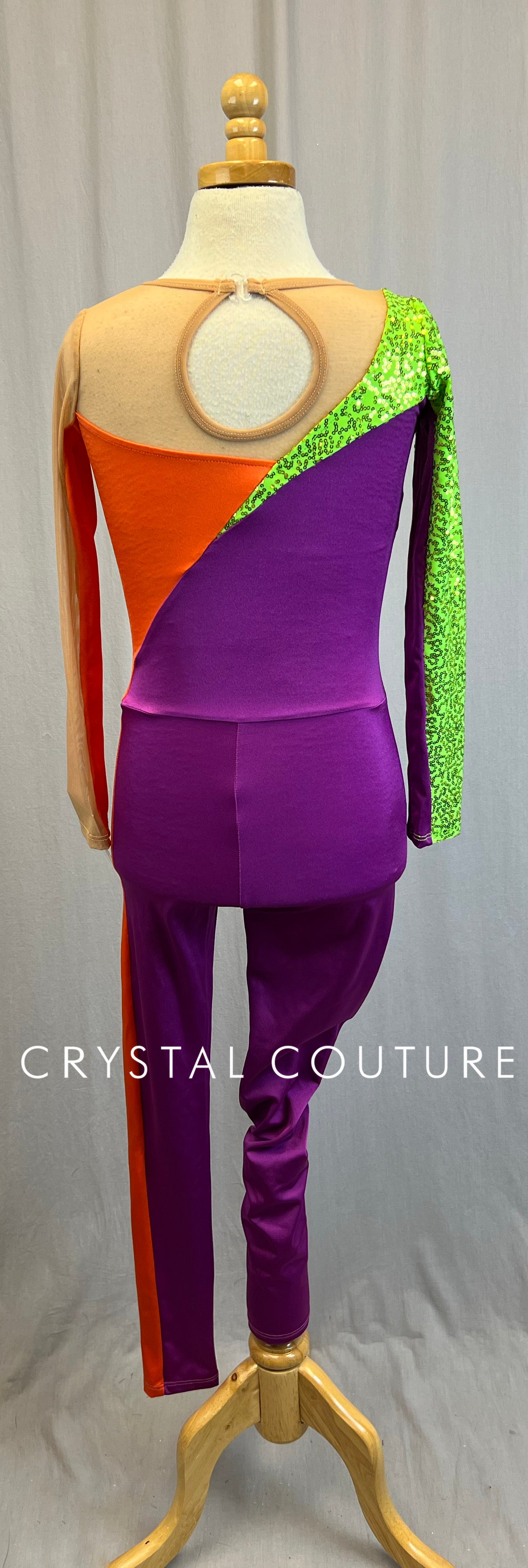 *Brand New* Orange, Purple Lycra and Lime Green Sequin Long Sleeve Unitard with Tan Mesh Accents