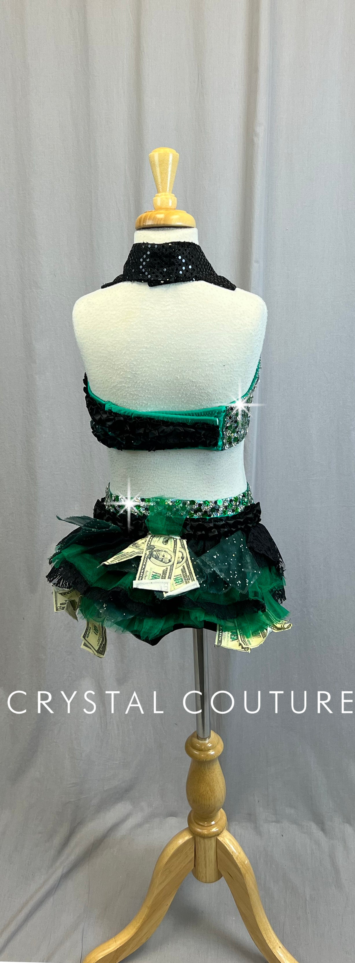 *Custom* Green and Black Sequin Money Themed Two-Piece Set - Rhinestones - Accessories