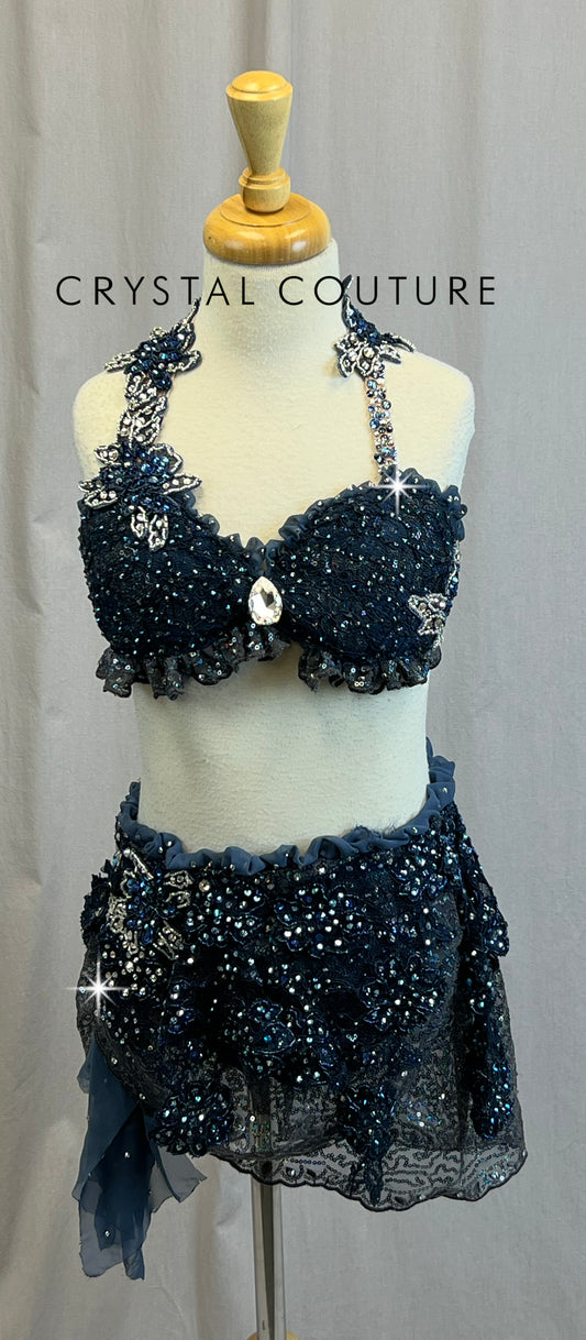 *Custom* Navy and Gray Lace Applique Skirt and Bra Top Set - Rhinestones - Accessories