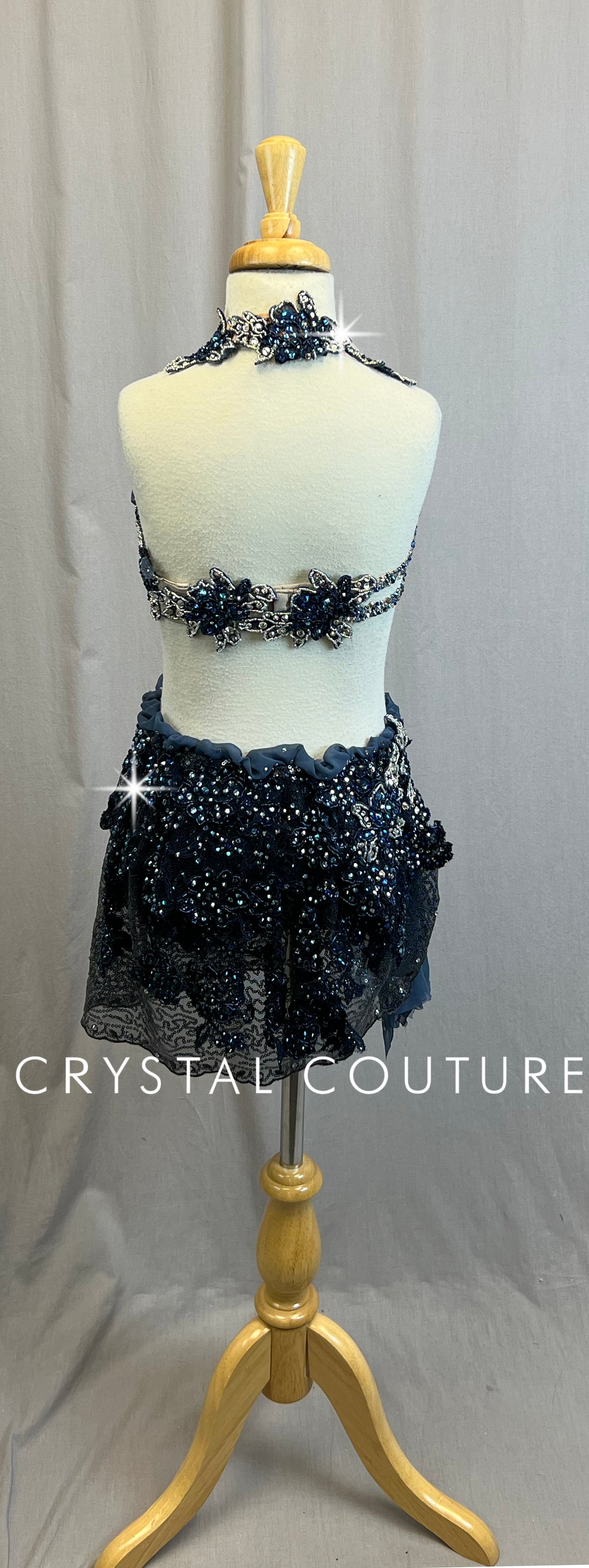 *Custom* Navy and Gray Lace Applique Skirt and Bra Top Set - Rhinestones - Accessories