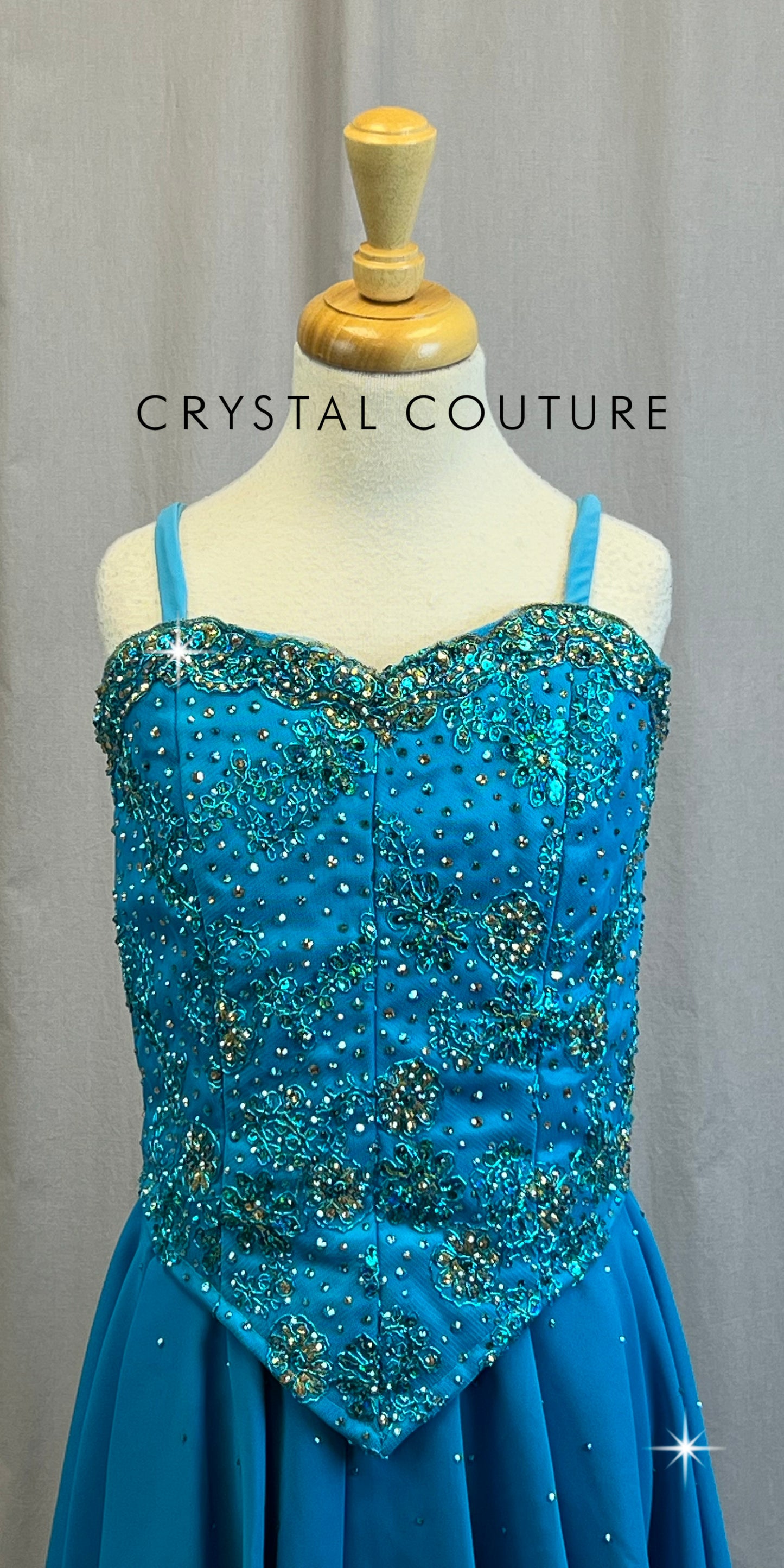 *Custom* Teal Structured Bodice Ballet Dress with Gold Accents - Rhinestones
