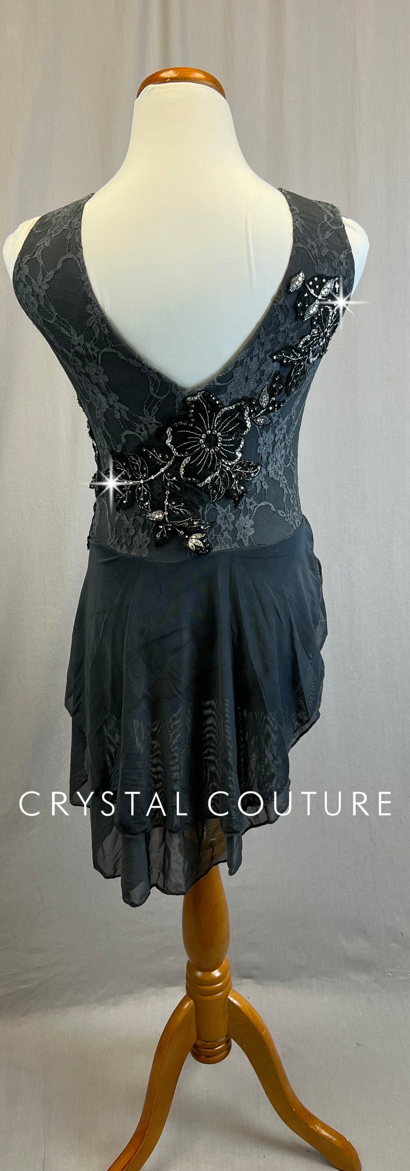 *Custom* Gray Lace Leotard with Mesh Asymetrical Skirt - Rhinestones
