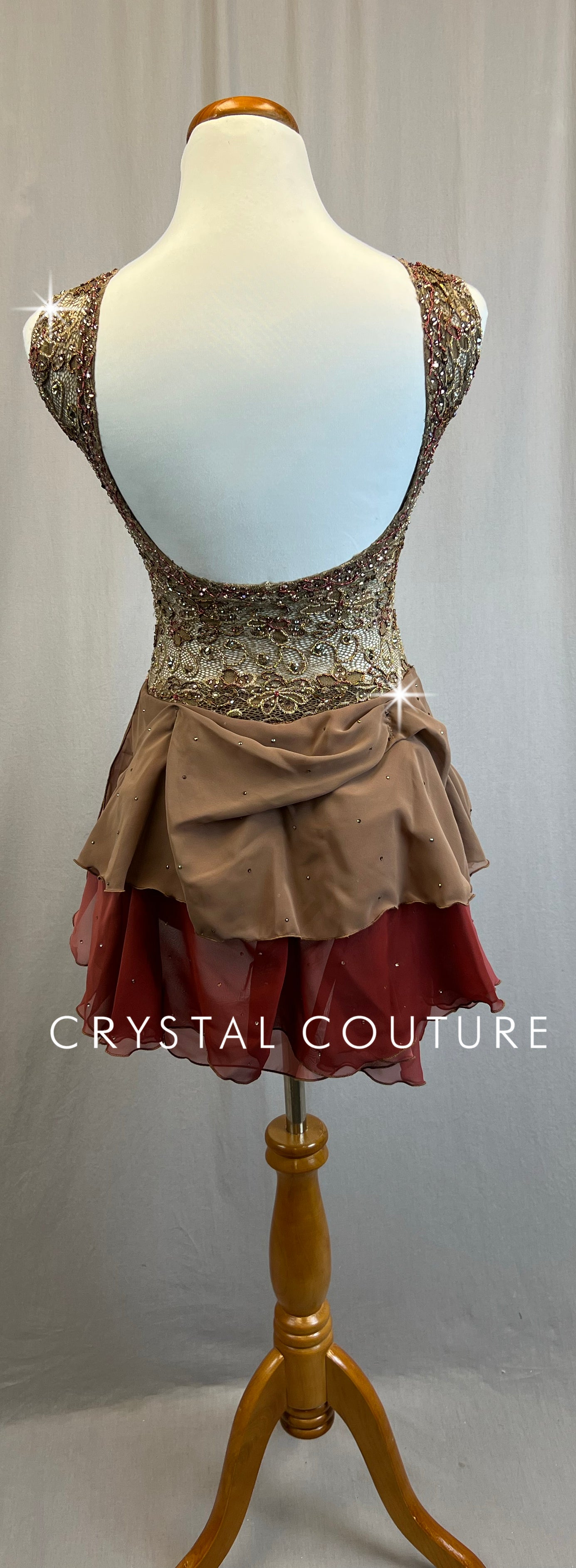 *Custom* Tan and Brown Beaded Leotard with Chiffon Half-Skirt - Rhinestones