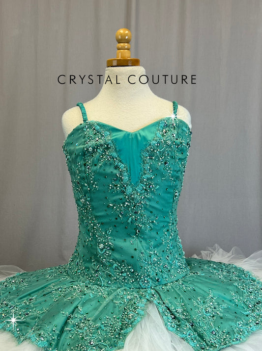 *Custom* Teal Lace and White Pancake Ballet Tutu - Rhinestones