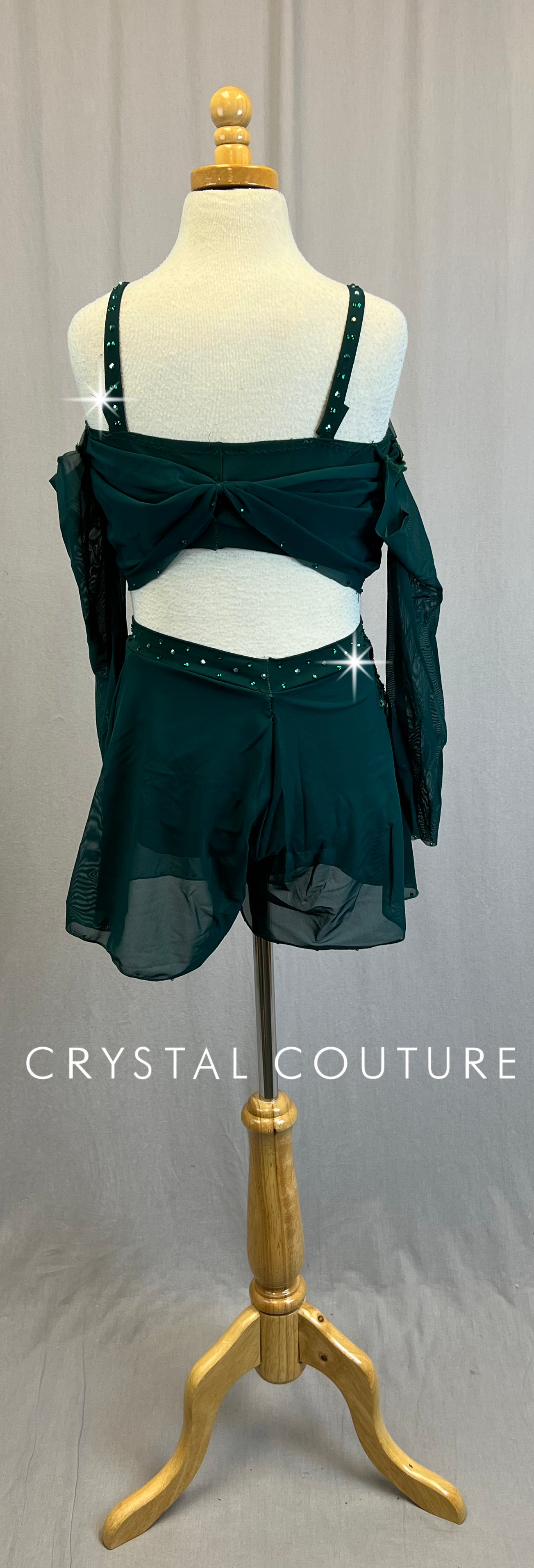 *Custom* Emerald Green Mesh Long Sleeve and Short Set - Rhinestones