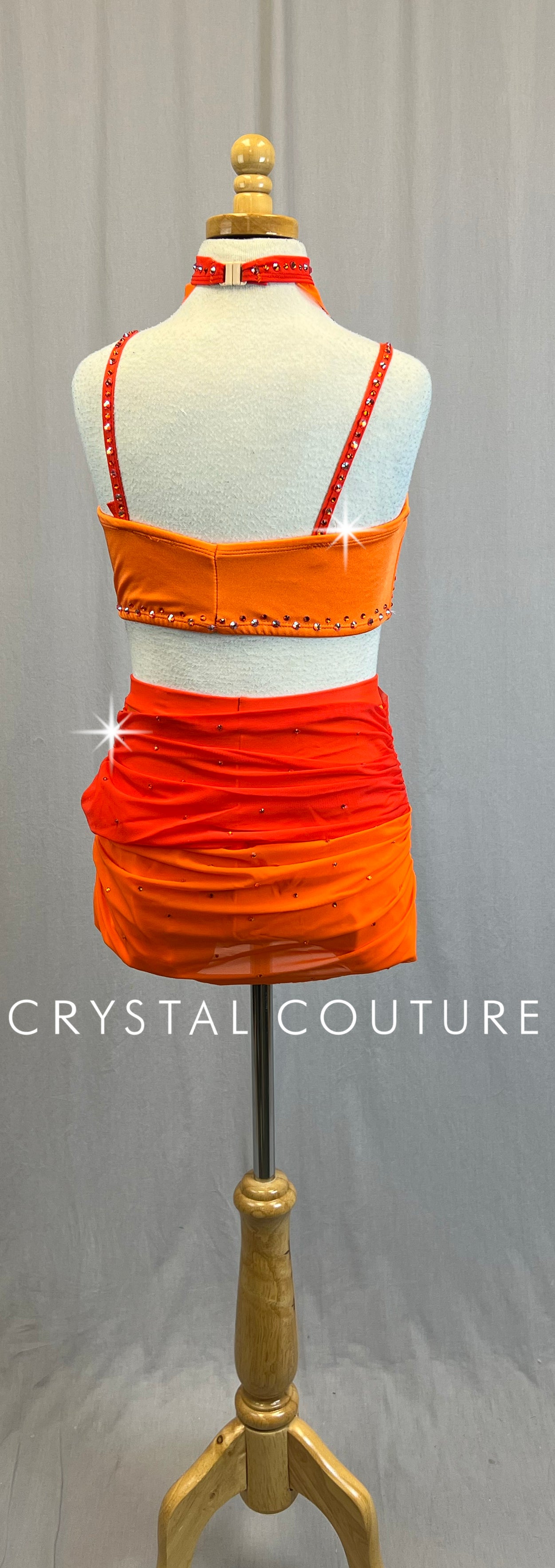 Custom Sunset Orange Ombre Biketard with Mesh Accents - Rhinestone