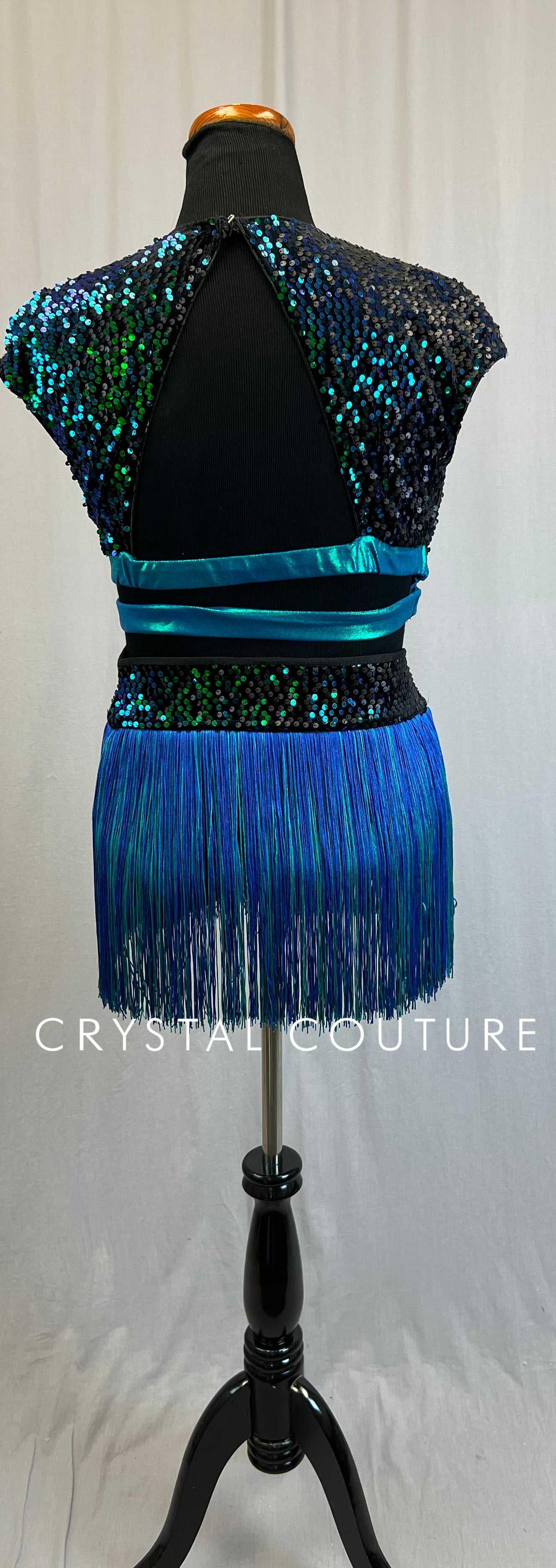 Metallic Teal and Black Sequin Crop Top and Fringe Skirt Set