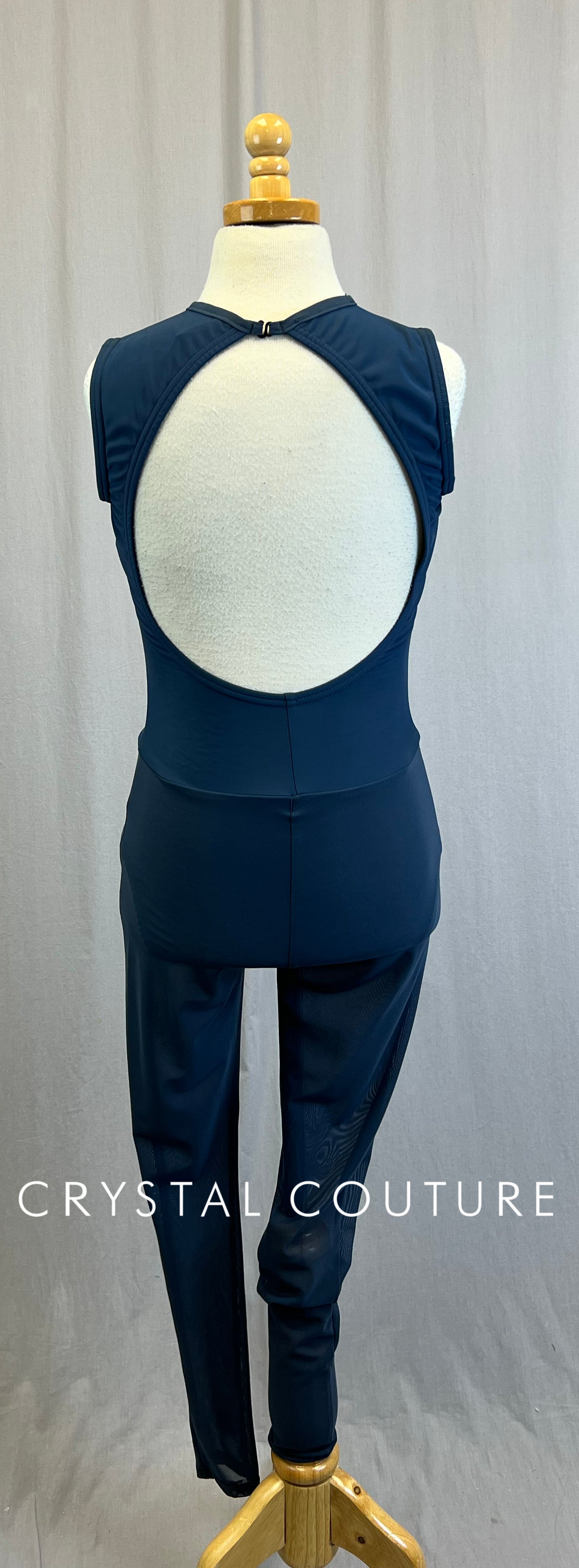 *Custom* Slate Blue Sleeveless Unitard with Black and Gold Appliques - Rhinestones