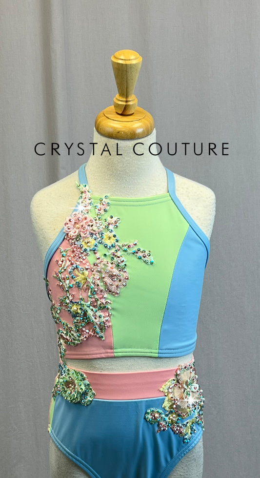 *Custom* Tri-Color Pastel Crop Top and Brief Set with Appliques - Rhinestones
