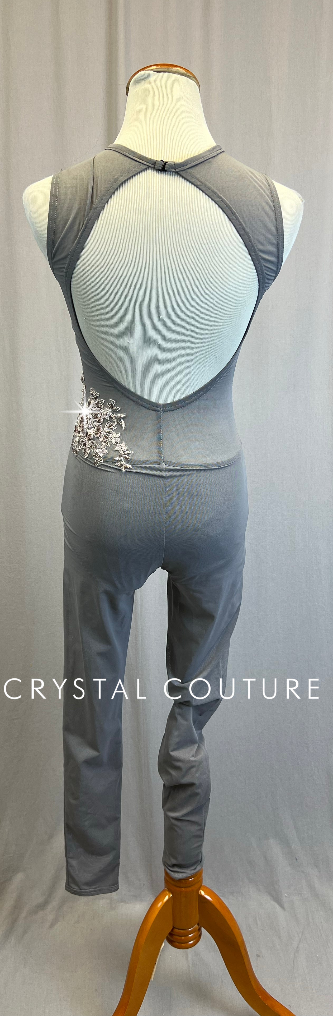 *Custom* Gray Mesh and Lycra Sleeveless Unitard with Beaded Appliques