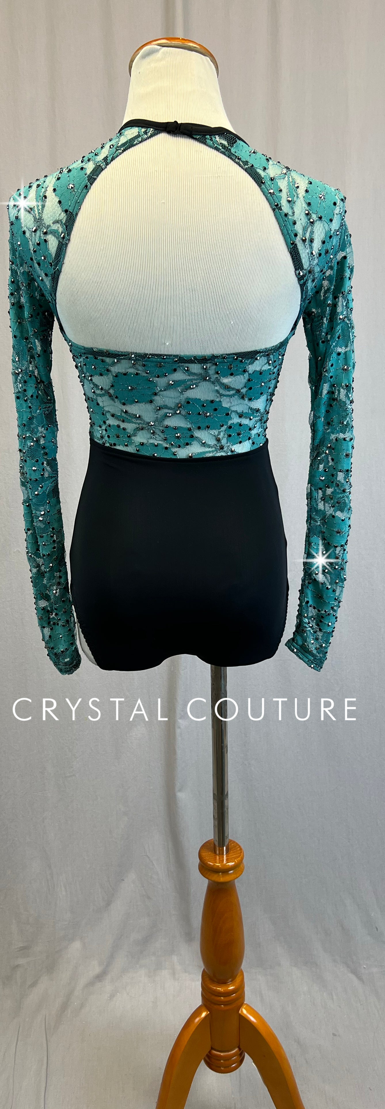 *Custom* Teal and Black Lace Long Sleeve Leotard with Appliques - Rhinestones