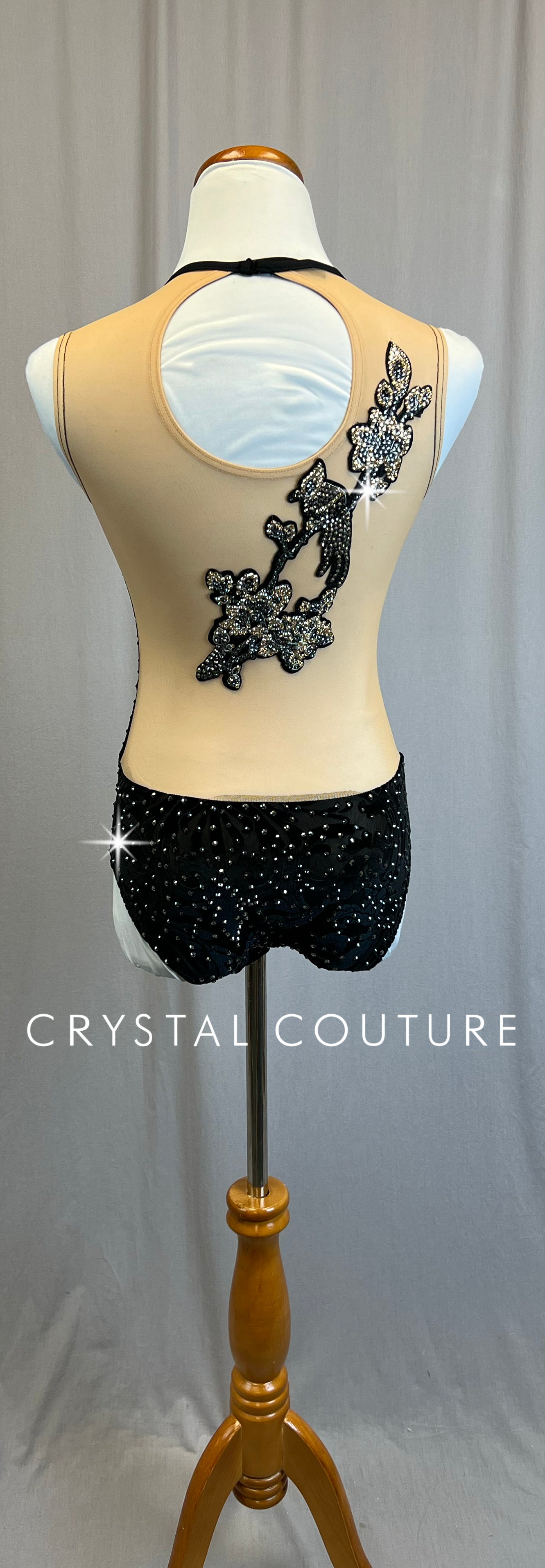 *Custom* Black Ornate Velvet Leotard with a Mesh Back - Rhinestones