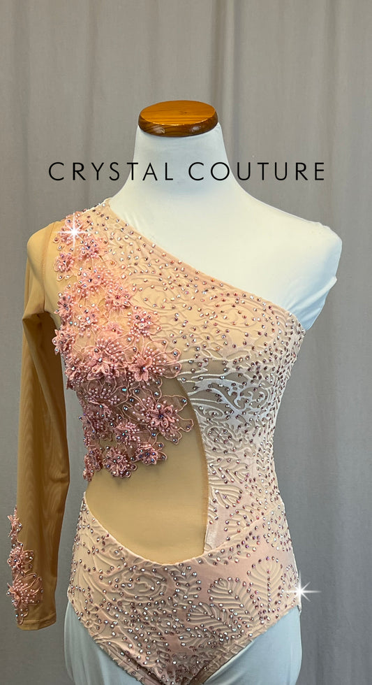 *Custom* Light Pink Velvet and Mesh One Sleeve Leotard with Appliques - Rhinestones