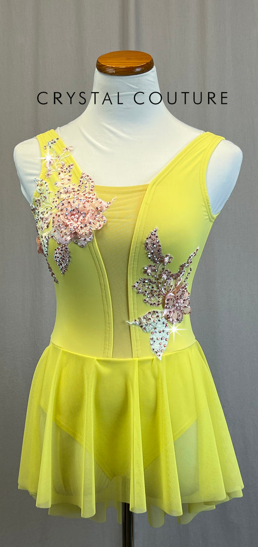 *Custom* Sunny Yellow Leotard with Mesh Skirt and Pink Appliques-Rhinestones