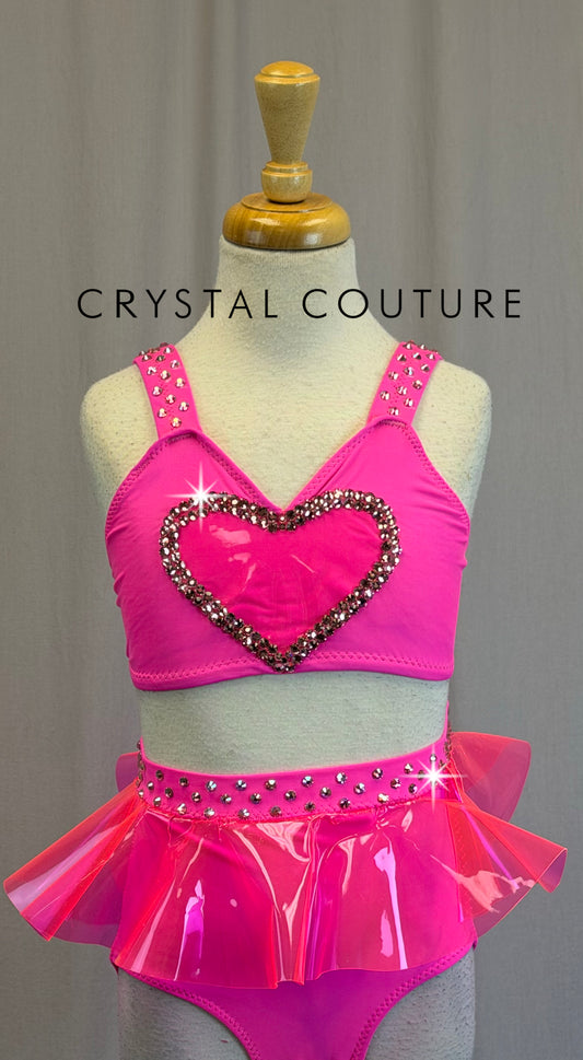 *Custom* Neon Pink Heart Strappy Leotard with a Pink Vinyl Skirt -Rhinestones