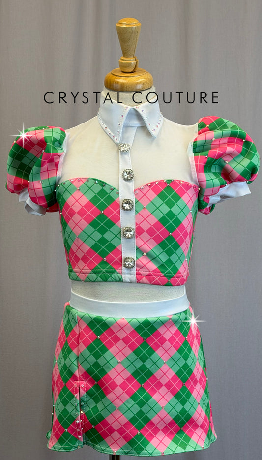 Pink,White, and Green Plaid Short Sleeve and Skirt Two-Piece Set - Rhinestones