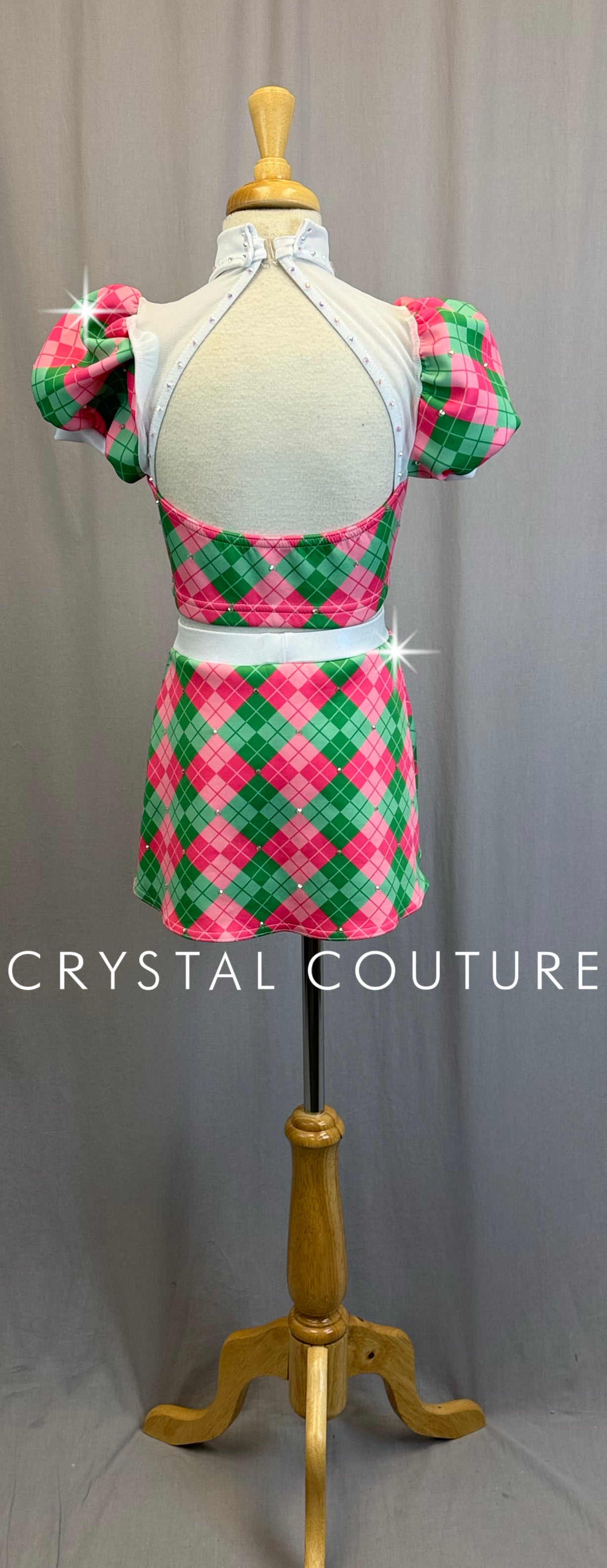 Pink,White, and Green Plaid Short Sleeve and Skirt Two-Piece Set - Rhinestones