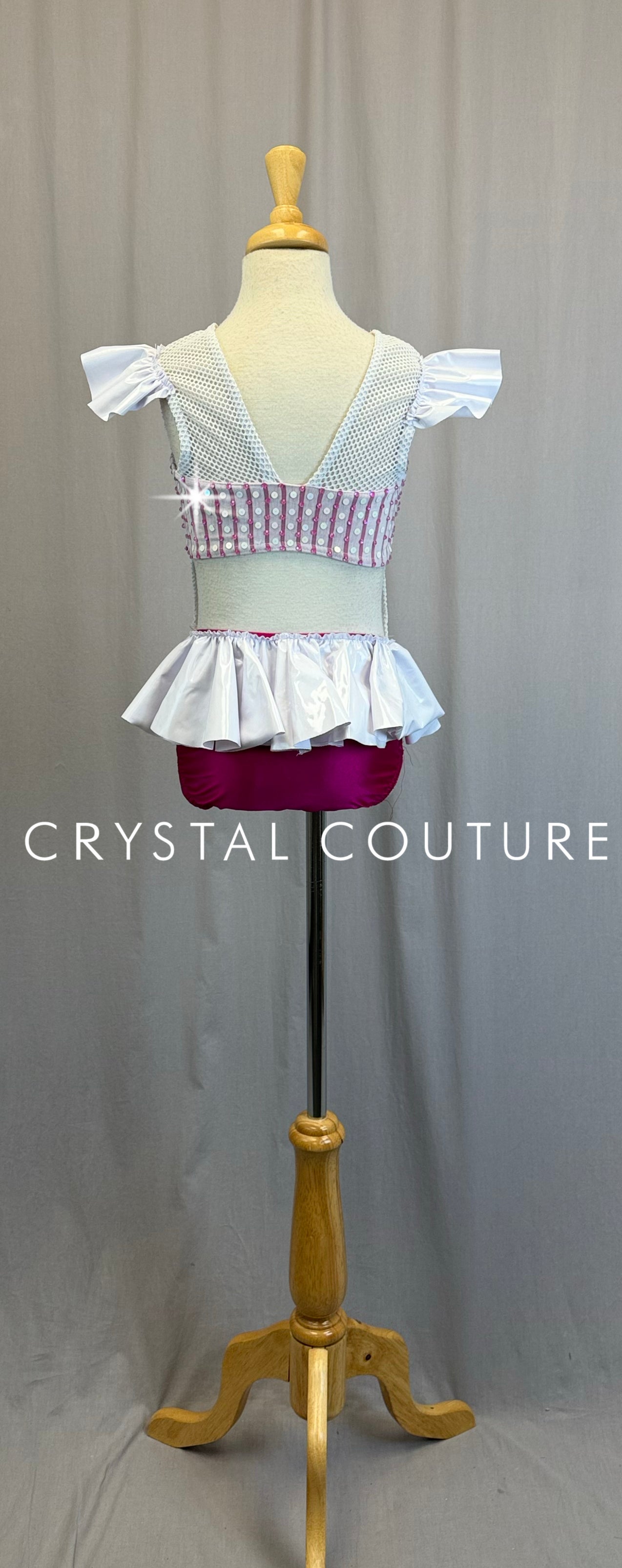 White and Pink Fishnet Cap Sleeve Leotard - Rhinestones
