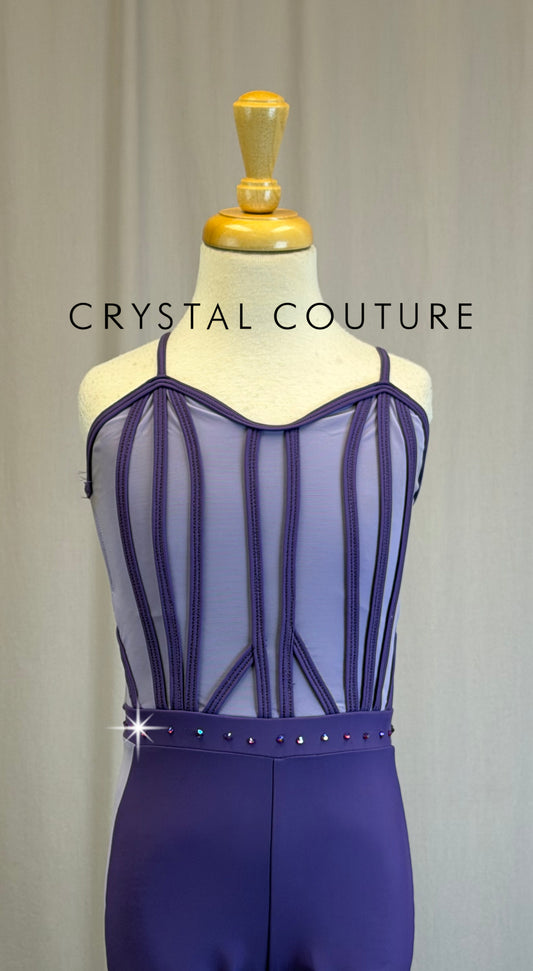 Purple and Lilac Mesh Geometric Unitard - Rhinestones