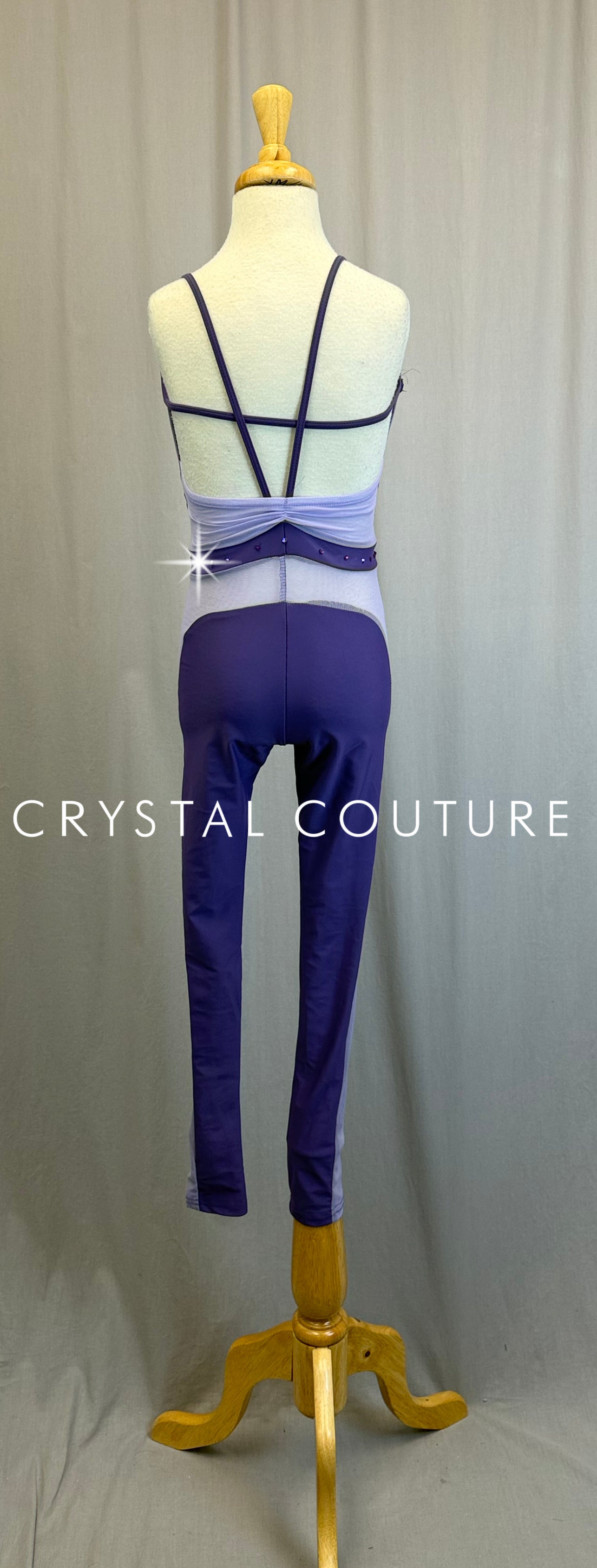 Purple and Lilac Mesh Geometric Unitard - Rhinestones