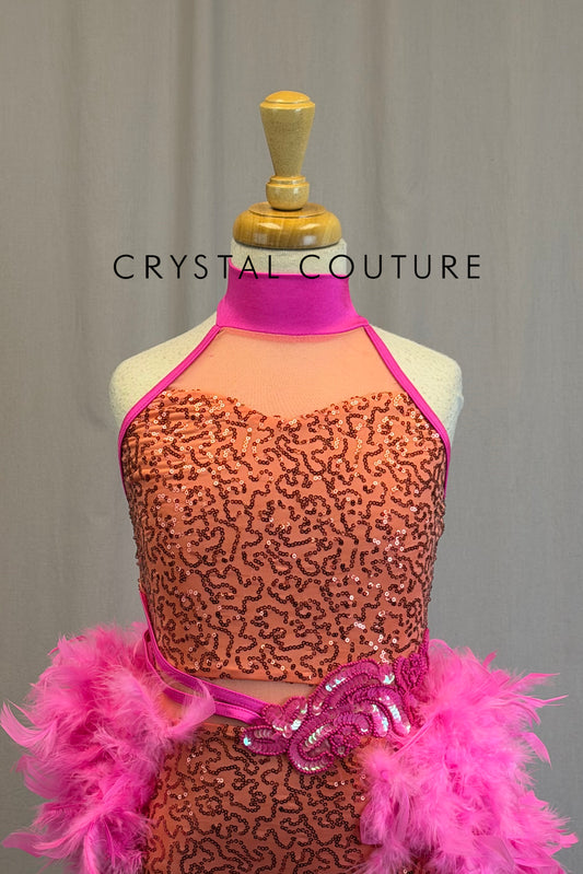 *Brand New* Peach Sequin Leotard with Pink Feather Skirt