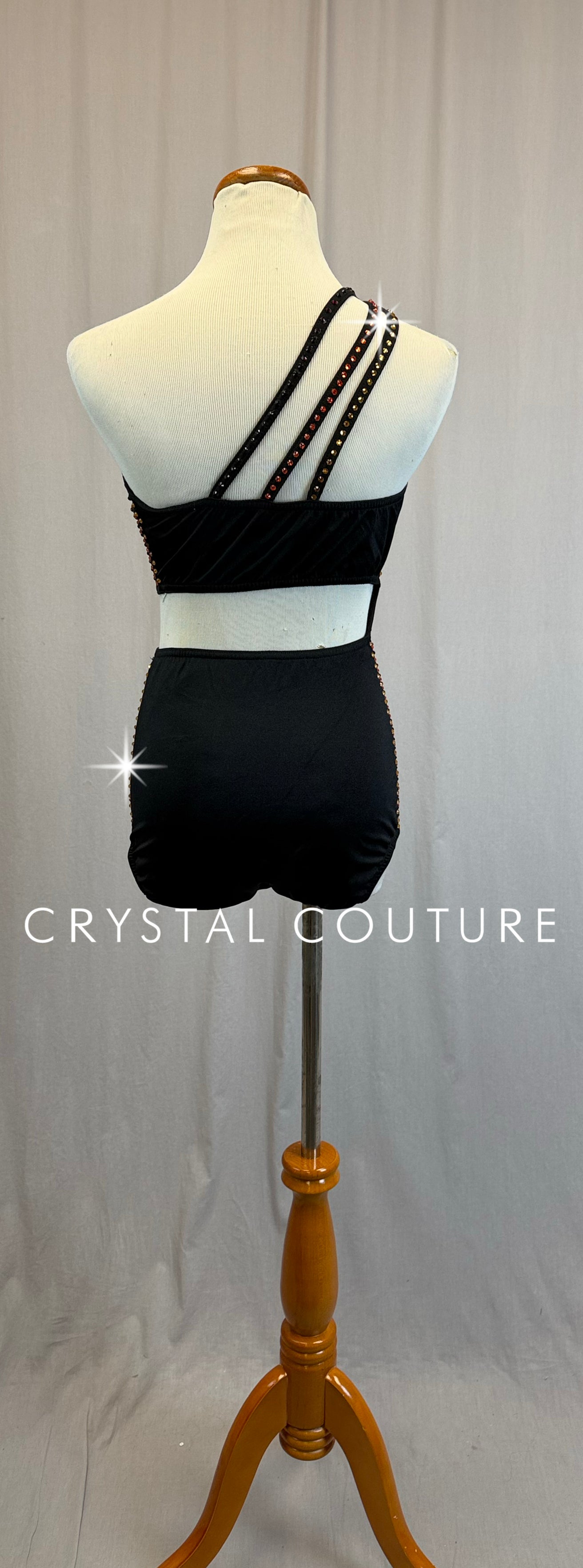 Black Asymmetrical Strappy Leotard with Red, Orange, and Yellow Rhinestone Accents
