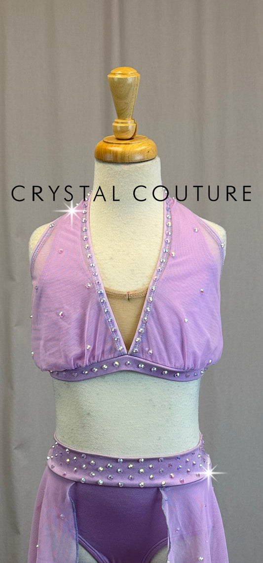 Lilac Mesh Bra Top and Skirt Two-Piece Set - Rhinestones