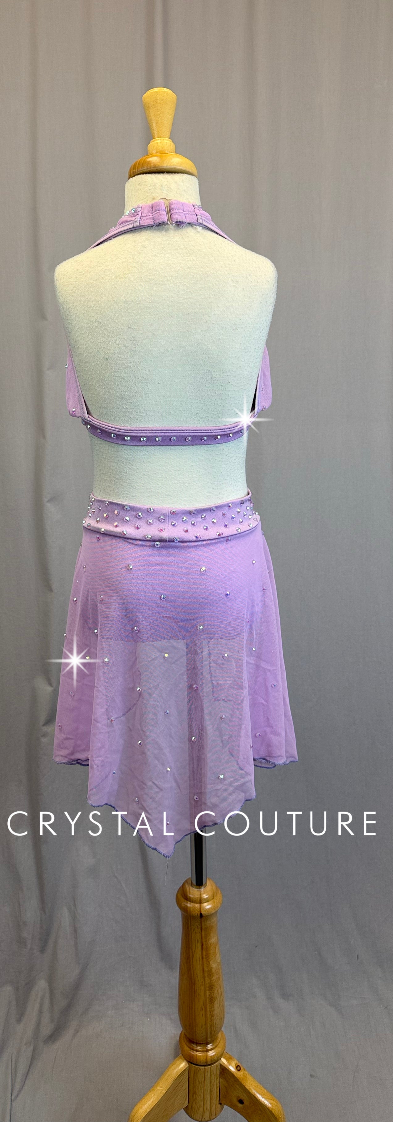 Lilac Mesh Bra Top and Skirt Two-Piece Set - Rhinestones