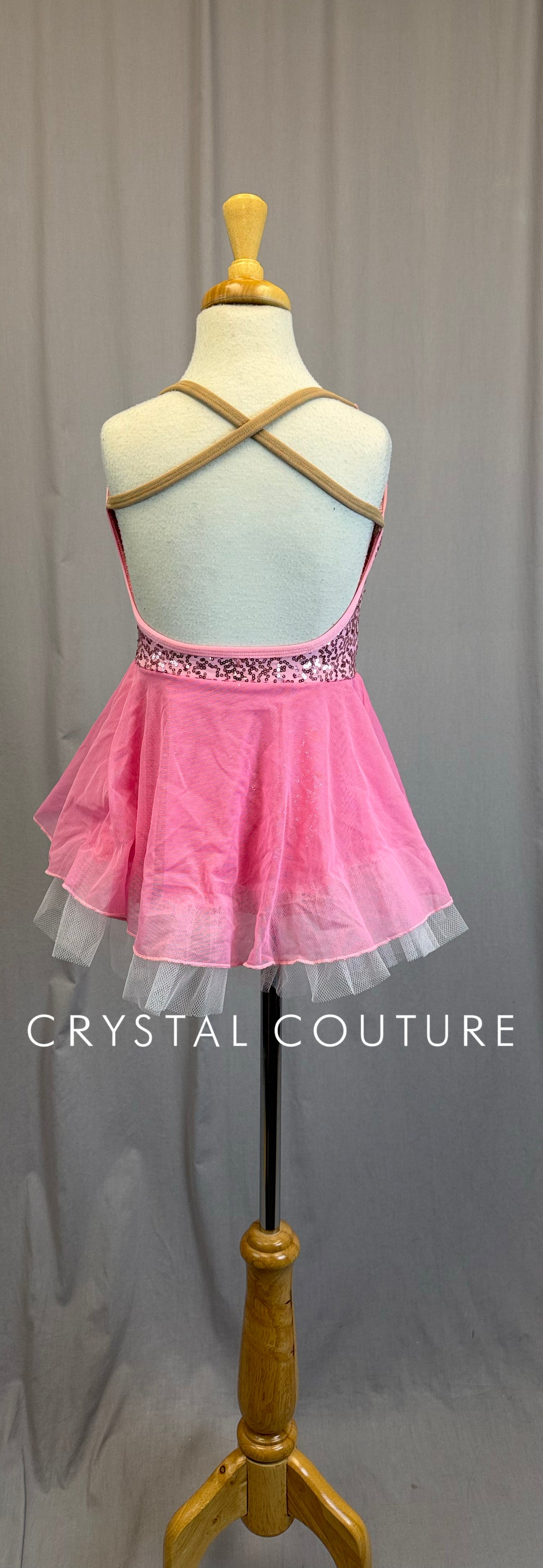 Pink Sequin Leotard with Pink and White Skirt-Gemstone Appliques
