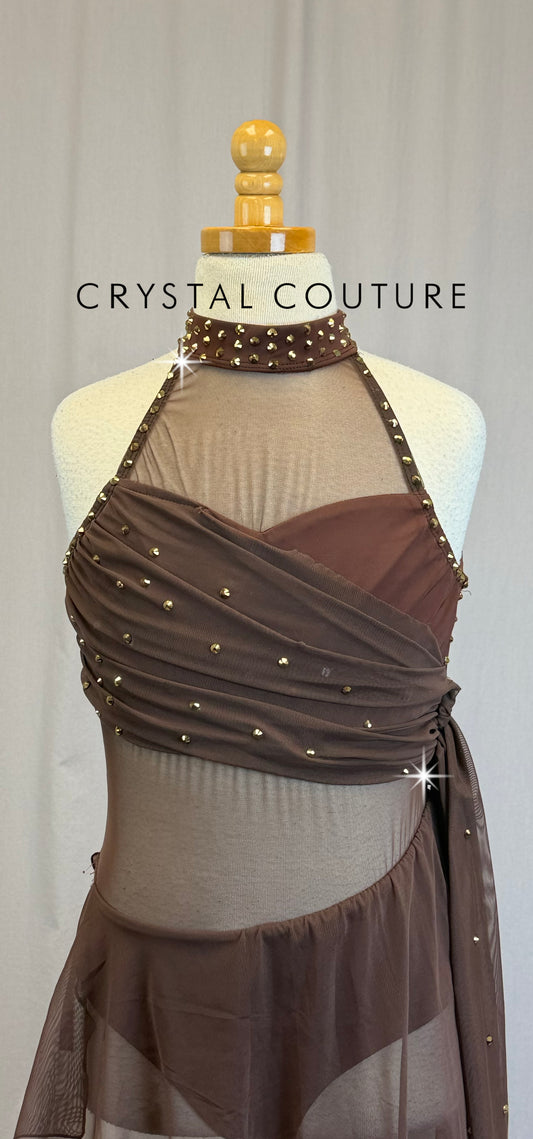 Chocolate Brown Dress with Mesh Draping- Rhinestones