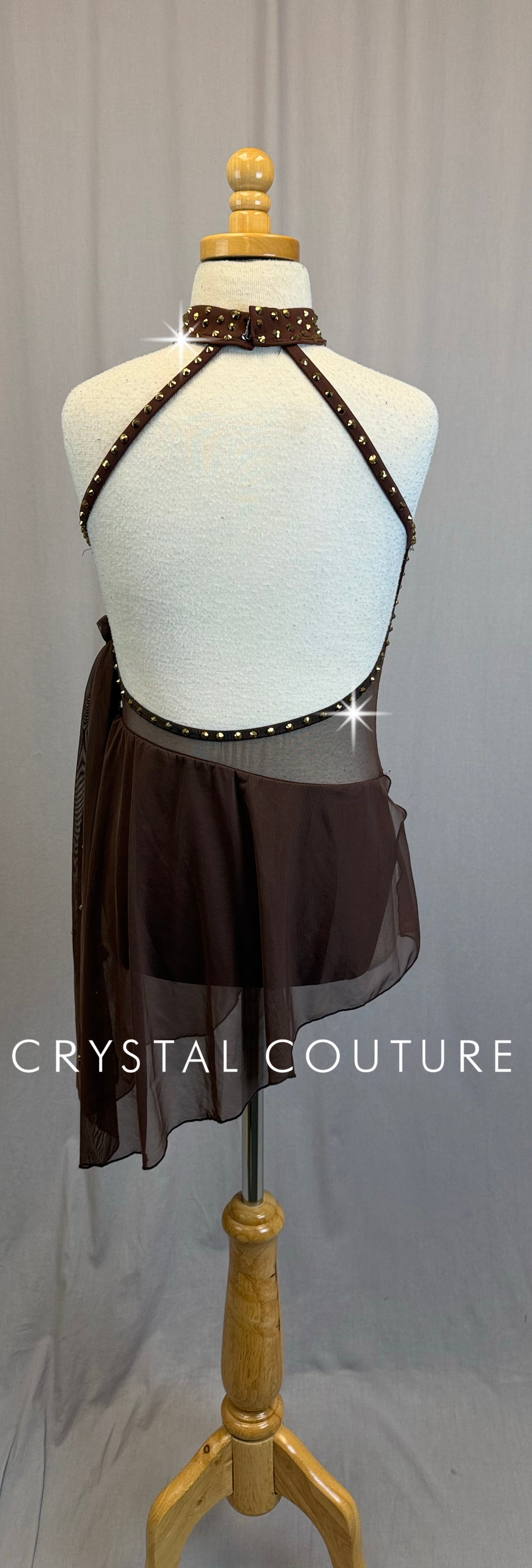 Chocolate Brown Dress with Mesh Draping- Rhinestones