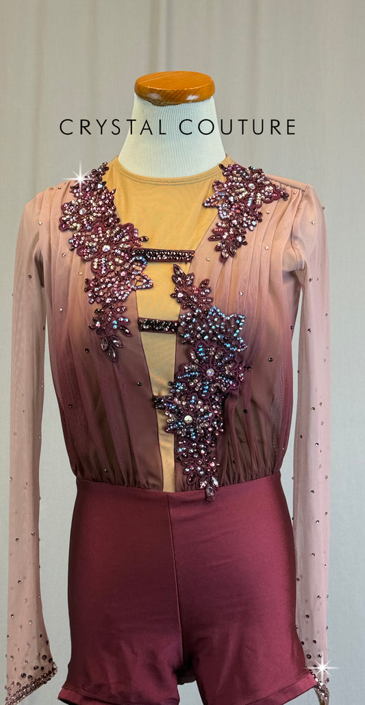 Pink to Burgundy Ombre Long Sleeve Biketard - Rhinestones