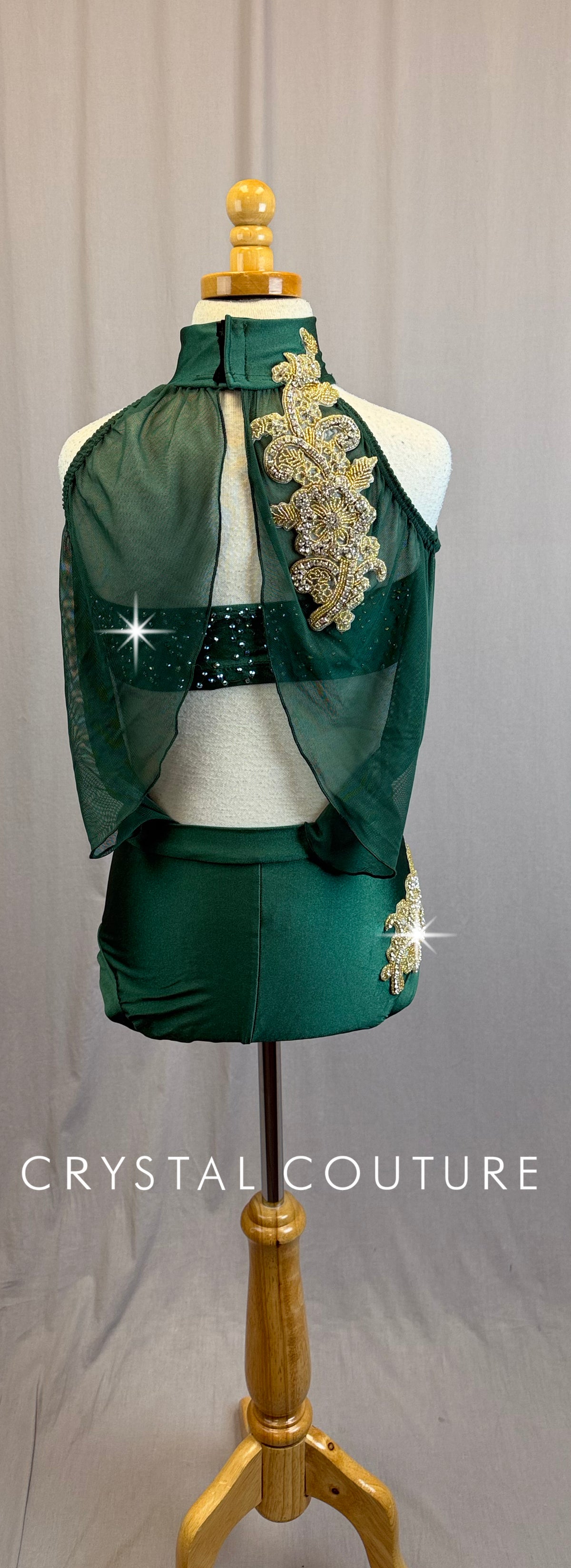 Dark Green Mesh Leotard with Gold Applique Accent - Rhinestones