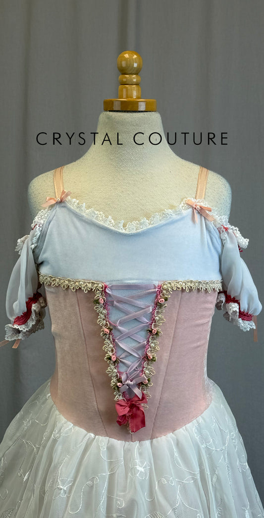 Pink and White Lace Off The Shoulder Romantic Ballet Dress with Faux Corset