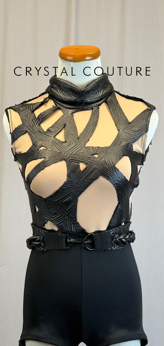 *Custom* Black and Tan Geometric Lattice Biketard with Attached Braided Belt