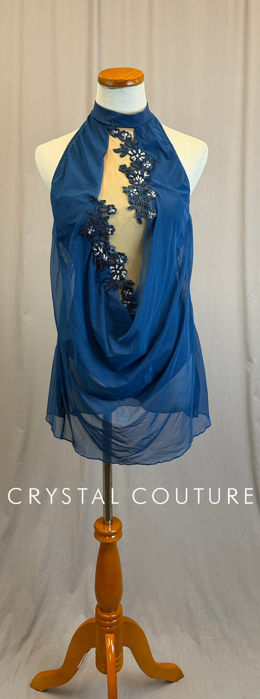 *Custom* Blue Mock Neck Mesh Leotard Dress - Appliques