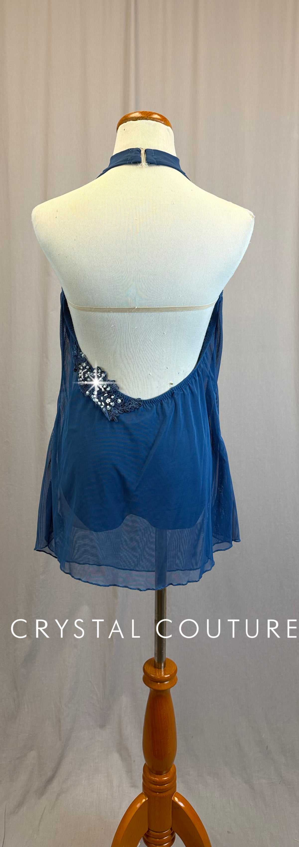 *Custom* Blue Mock Neck Mesh Leotard Dress - Appliques