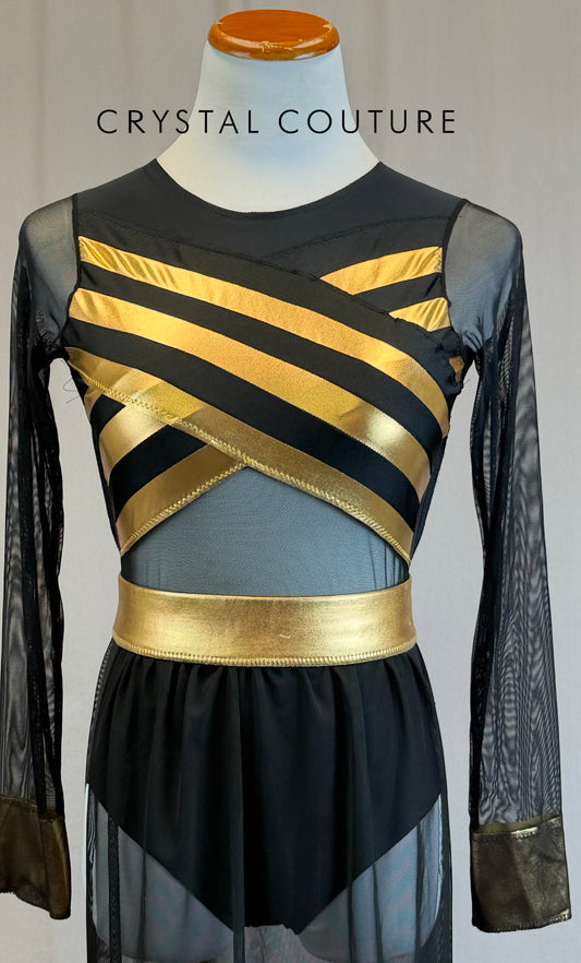 *Custom* Black and Gold Striped Long Sleeve Mesh Leotard with Skirt