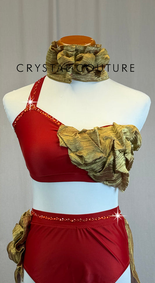 *Custom* Red and Gold Ruffled Asymmetric Bra Top and Brief Two-Piece - Rhinestones