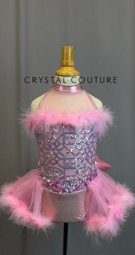Pink Sequin and Feather Leotard with Skirt
