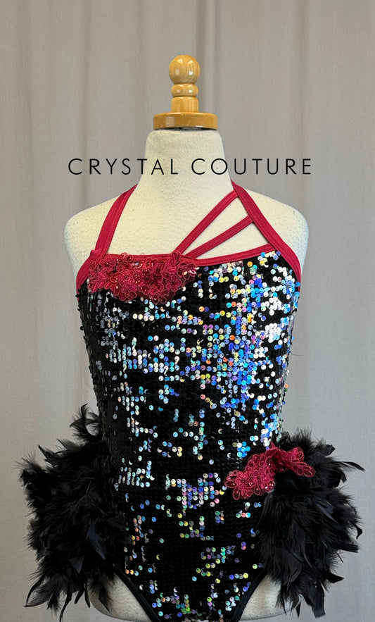 Black and Silver Sequin Feather Bustle Leotard with Pink Accents