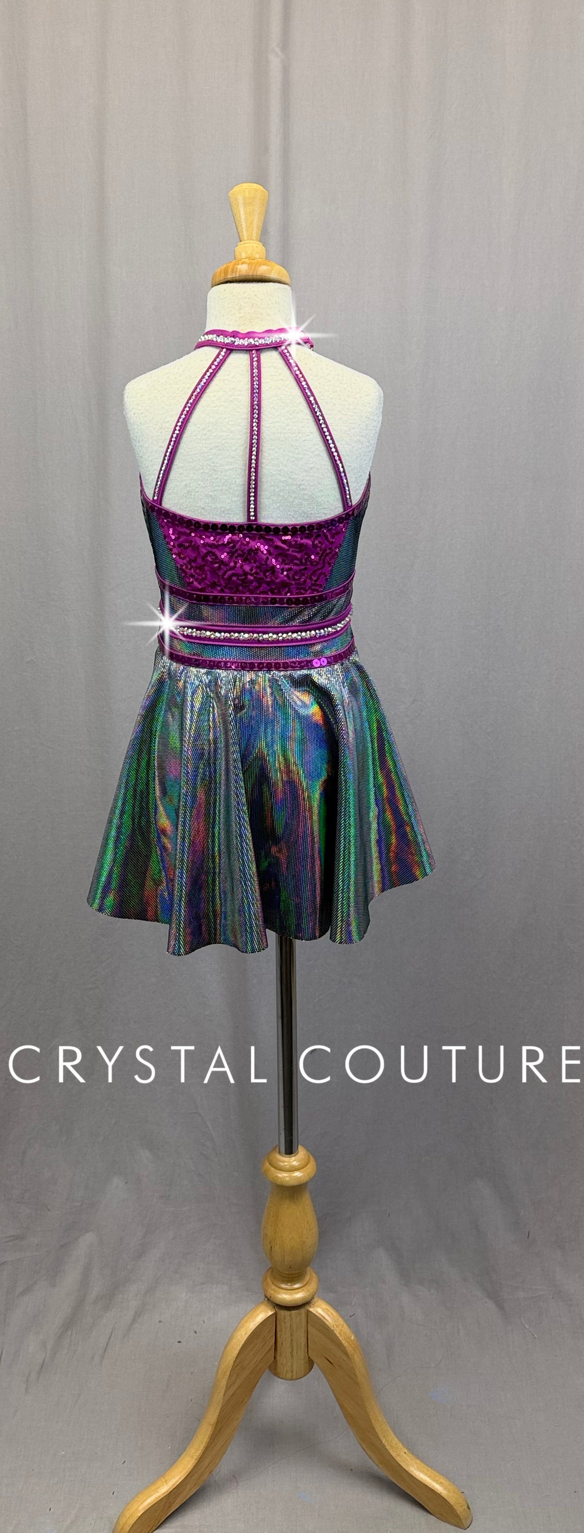 Purple Sequin and Silver Holographic Leotard with Gemstone Accent -Rhinestones