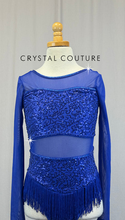 Indigo Blue Sequin and Mesh Fringe Long Sleeve Leotard-Rhinestones