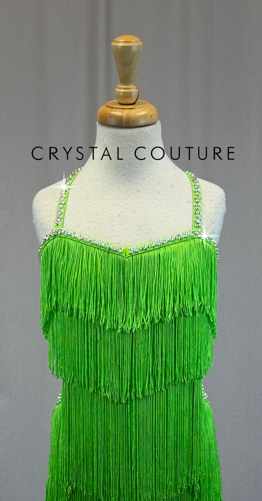 Ballroom Inspired Neon Green Fringe Leotard-Rhinestones