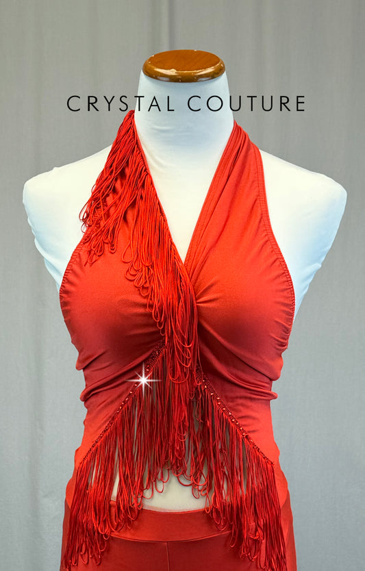 Red Halter Unitard with Fringe and Mesh Cutout -Rhinestones