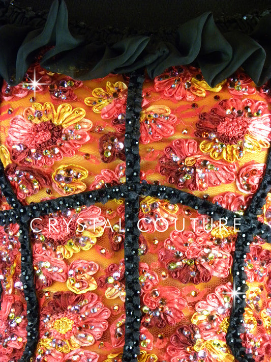 *Custom* Black Tutu with Orange and Red Floral Corset Top - Rhinestones Accessories